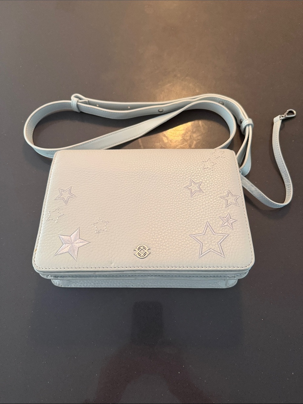 NWOT Dagne Dover Light Blue-Grey Leather Crossbody Bag with Star Embroidery